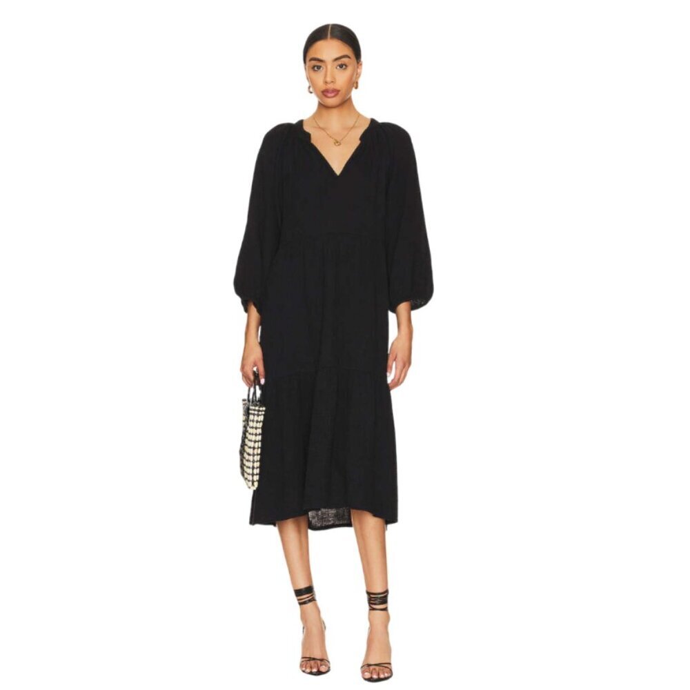 Nation Ltd Imani Midi Dress Womens Medium Black V-Neck 3/4 Sleeves Cotton Gauze